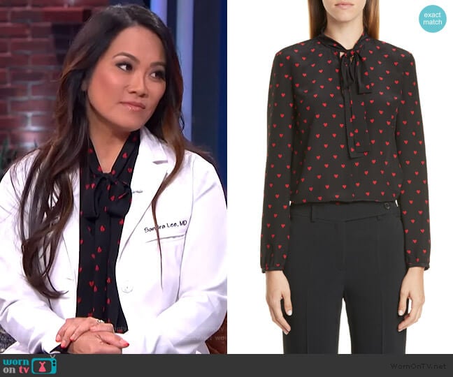 Red Valentino Heart Print Tie Neck Silk Top