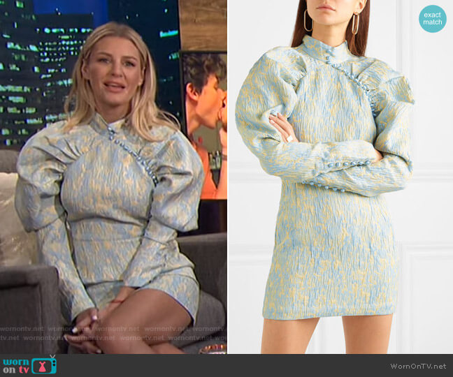 Rotate Birger Christensen Button-Detailed Crinkled-Jacquard Mini Dress worn by Morgan Stewart on E! News