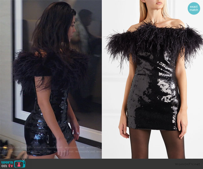 Saint Laurent Strapless feather-trimmed sequined crepe mini dress worn by Kourtney Kardashian on Keeping Up with the Kardashians
