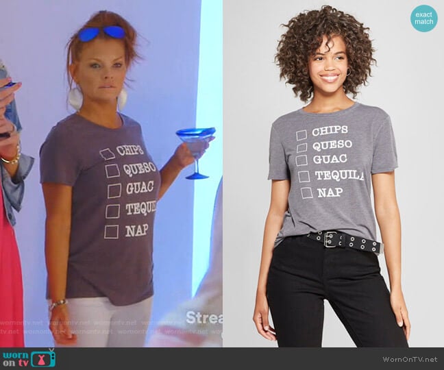 Target Short Sleeve Chips, Queso, Guac, Tequila, Nap Graphic T-Shirt worn by Brandi Redmond on The Real Housewives of Dallas