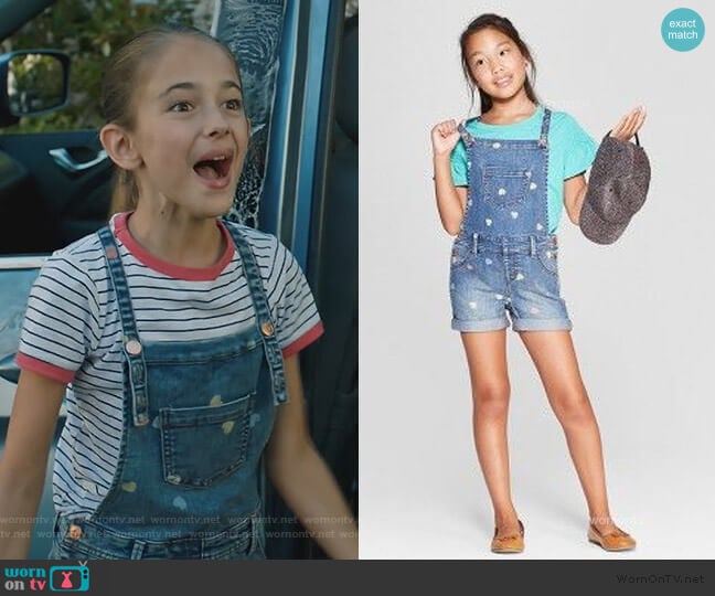 Target Denim overalls with Hearts worn by Anna-Kat Otto (Julia Butters) on American Housewife