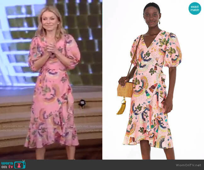 FARM Rio Tropical Birds Ruffle Wrap Dress worn by Kelly Ripa on Live with Kelly and Mark