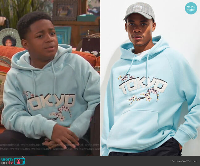 Urban Outfitters Tokyo Embroidered Chenille Hoodie Sweatshirt worn by Booker Baxter (Issac Ryan Brown) on Ravens Home