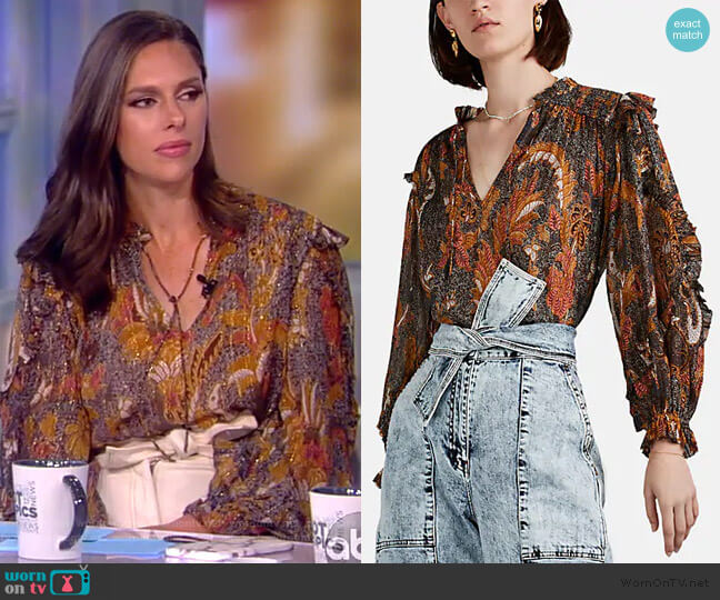 Ulla Johnson Lara Paisley Plisse Blouse worn by Abby Huntsman on The View