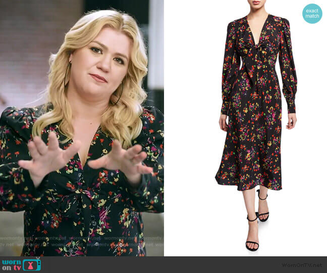 Veronica Beard Amber Long-Sleeve Floral Tie-Front Midi Dress worn by Kelly Clarkson on The Kelly Clarkson Show