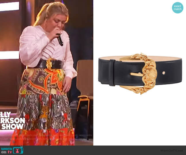 Versace Baroque Buckle Leather Belt worn by Kelly Clarkson on The Kelly Clarkson Show