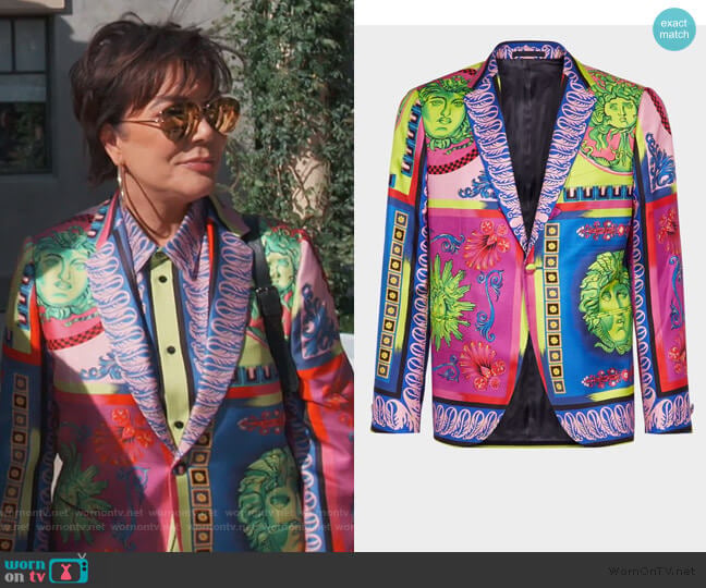 Versace Medusa Pop Foulard Print Jacket worn by Kris Jenner on Keeping Up with the Kardashians