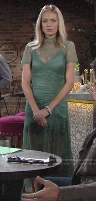 Abby’s green lace overlay dress on The Young and the Restless