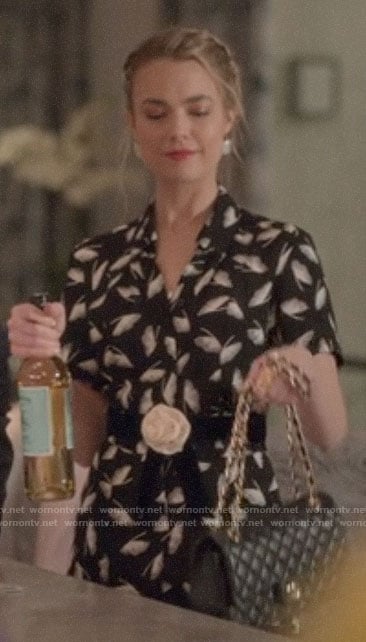 Ainsley’s black and white printed jumpsuit on Four Weddings and a Funeral