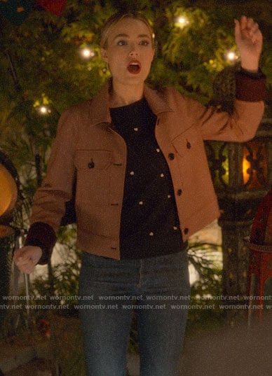 Ainsley’s heart print sweater and utility jacket on Four Weddings and a Funeral