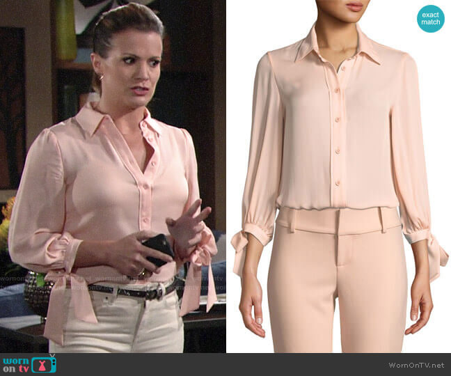 Alice + Olivia Simon Tie-Sleeve Button-Down Top worn by Chelsea Lawson (Melissa Claire Egan) on The Young and the Restless