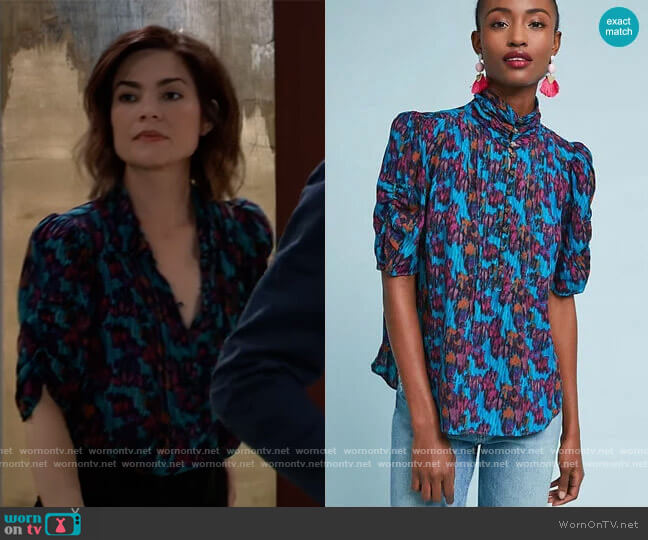 Maeve Printed Henley Blouse worn by Elizabeth Webber (Rebecca Herbst) on General Hospital
