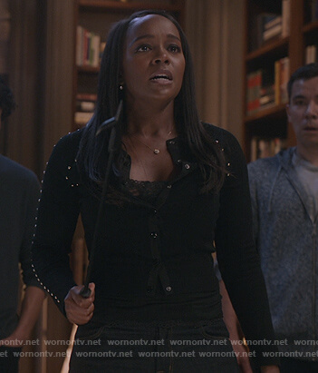 Michaela’s black studded cardigan on How to Get Away with Murder