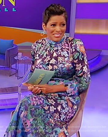 Tamron’s blue floral print dress on Tamron Hall Show