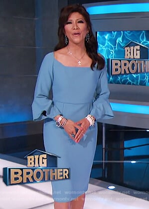 Julie’s blue sheath dress with flared sleeves on Big Brother