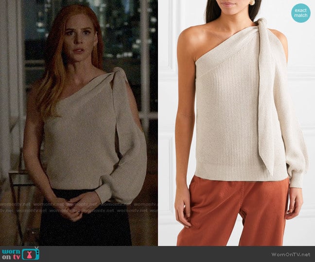 Brunello Cucinelli One-shoulder tie-detailed cotton sweater worn by Donna Paulsen (Sarah Rafferty) on Suits