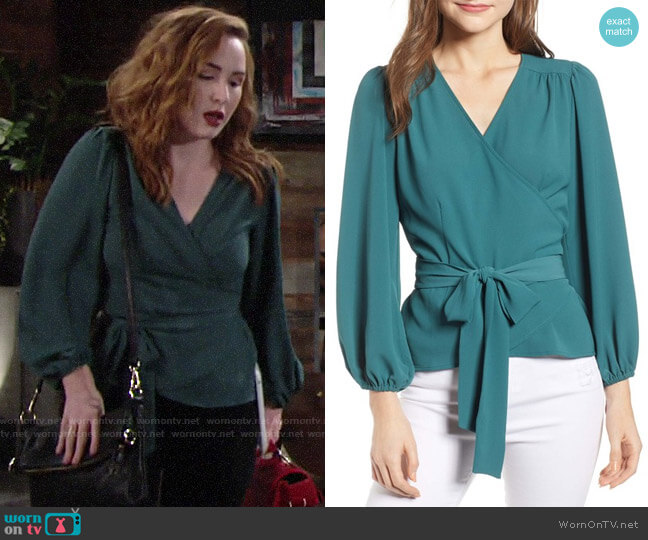 Chelsea28 Wrap Top in Teal Balsam worn by Mariah Copeland (Camryn Grimes) on The Young and the Restless