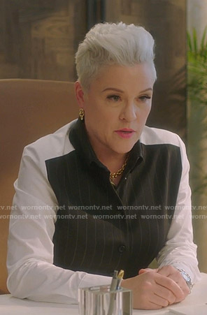 Christine’s pinstripe mixed-media blouse on BH90210