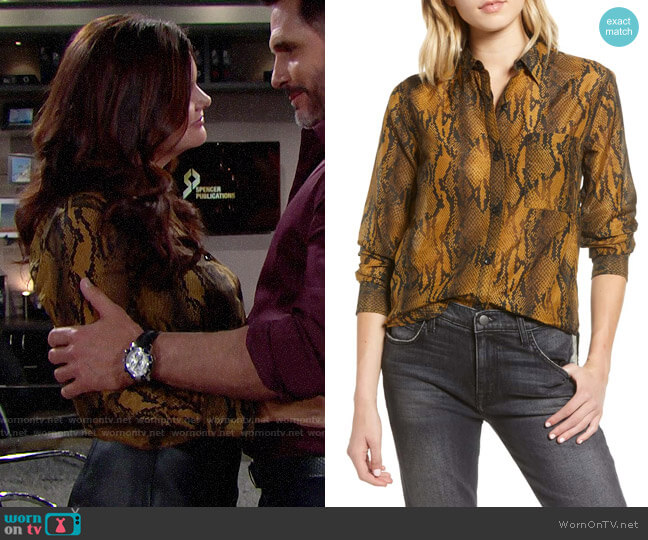 Current/Elliott The Neal Shirt in Bronze Brown Python worn by Katie Logan (Heather Tom) on The Bold and the Beautiful