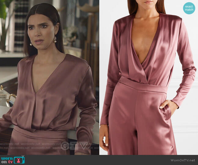 Cushnie Wrap-Effect Silk-Charmeuse Bodysuit worn by Gigi Mendoza (Roselyn Sánchez) on Grand Hotel
