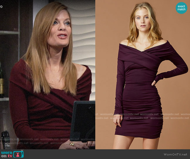 Diane von Furstenberg Off Shoulder Ruched Mini Dress in Cabernet worn by Phyllis Summers (Michelle Stafford) on The Young and the Restless