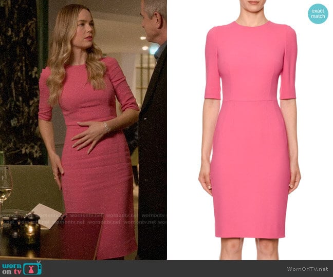 Dolce & Gabbana Half-Sleeve Jewel-Neck Sheath Dress worn by Ainsley Howard (Rebecca Rittenhouse) on Four Weddings and a Funeral