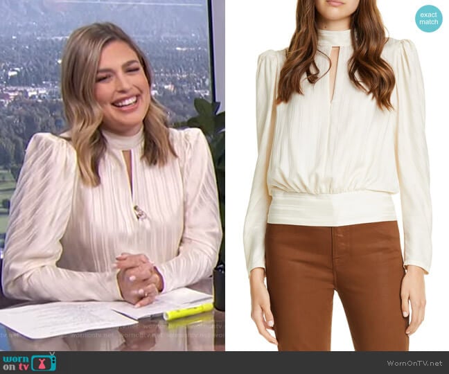 Frame Jacquard Stripe Keyhole Silk Long Sleeve Blouse worn by Carissa Loethen Culiner on E! News
