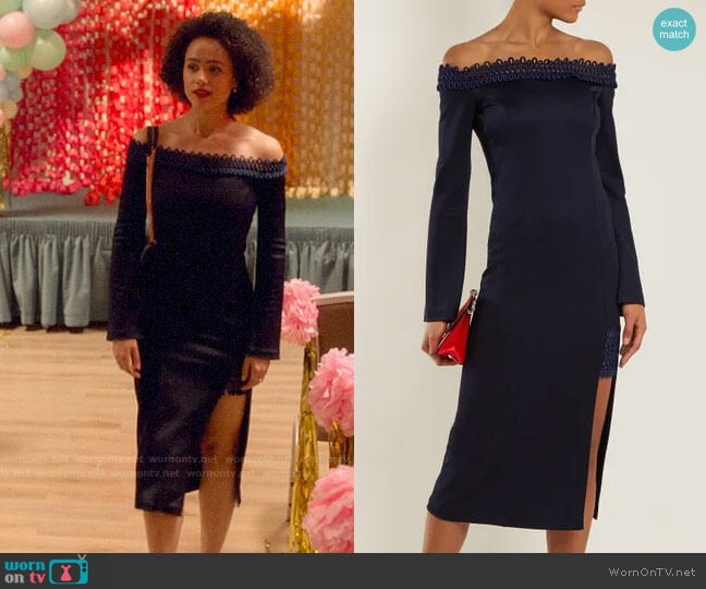 Galvan Aguafina off-the-shoulder dress worn by Maya (Nathalie Emmanuel) on Four Weddings and a Funeral