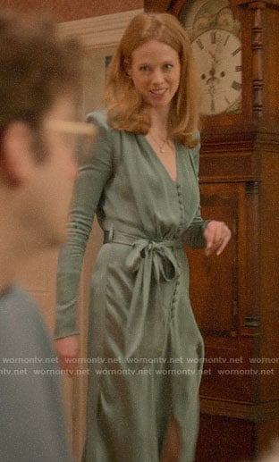 Gemma’s green silky button front dress on Four Weddings and a Funeral