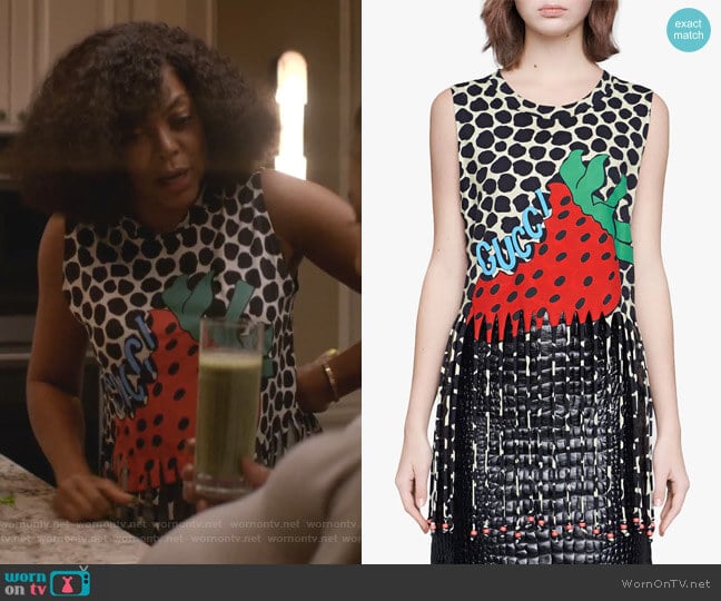 Gucci Fringe Tank with Gucci Strawberry Print worn by Cookie Lyon (Taraji P. Henson) on Empire