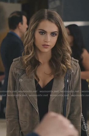 Ingrid’s suede fringe moto jacket on Grand Hotel
