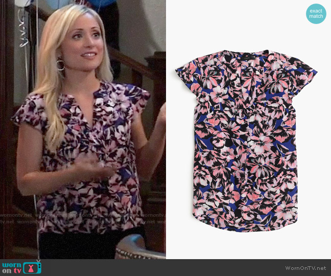 J. Crew Flutter-sleeve silk top in hibiscus print worn by Lulu Spencer Falconeri (Emme Rylan) on General Hospital