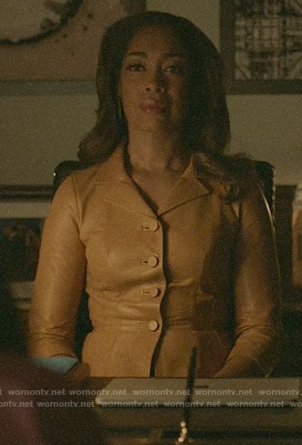 Jessica’s tan leather peplum jacket on Pearson