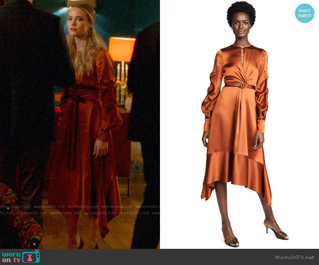 Jonathan Simkhai Satin Keyhole Midi Dress worn by Ainsley Howard (Rebecca Rittenhouse) on Four Weddings and a Funeral