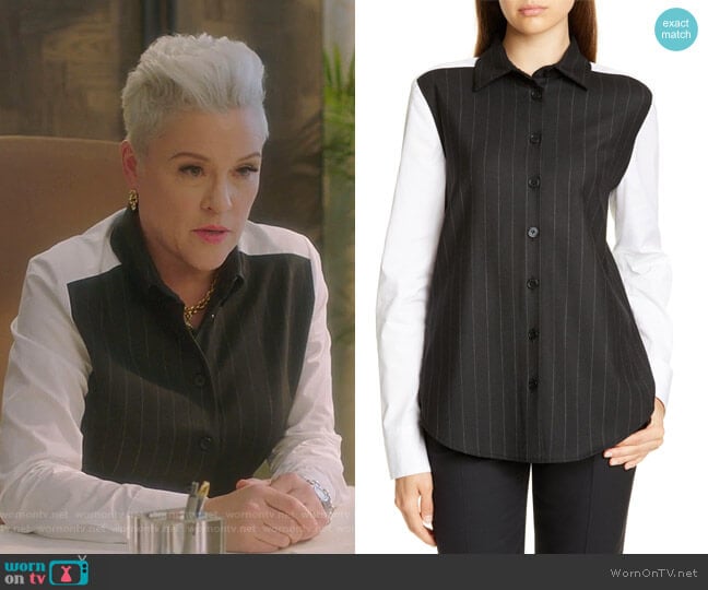 Judith & Charles Garda Pinstripe Mixed Media Blouse worn by Christine Elise (Christine Elise) on BH90210