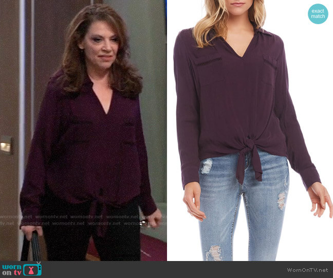 Karen Kane Ladder Trim Tie Front Top in Eggplant worn by Liesl Obrecht (Kathleen Gati) on General Hospital