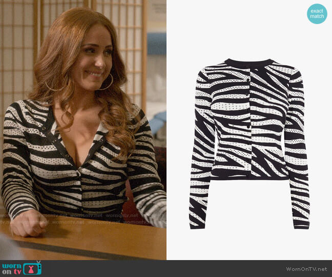 Karen Millen Zebra Print Cardigan worn by Zara (Sophia La Porta) on Four Weddings and a Funeral
