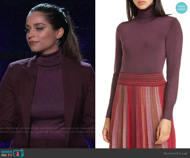 Kate Spade Metallic Ribbed Turtleneck in Deep Fig worn by Lilly Singh on A Little Late with Lilly Singh