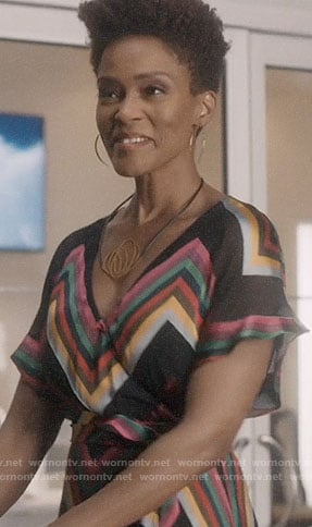Kerissa’s chevron striped wrap dress on Greenleaf
