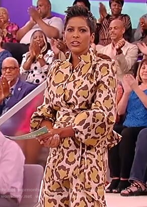 Tamron’s leopard wrap blouse and pants on the Tamron Hall Show