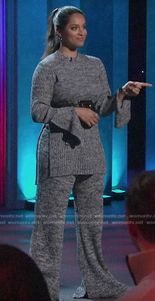 Lilly Singh’s grey sweater tunic and pants on A Little Late with Lilly Singh