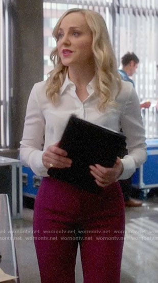 Marissa’s magenta trousers and white button down blouse on Bull