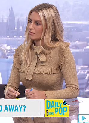 Morgan’s gold metallic tie neck dress on E! News Daily Pop