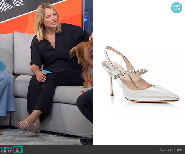 Miu Miu Camoscio Crystal Slingback Pumps worn by Sara Haines on Good Morning America