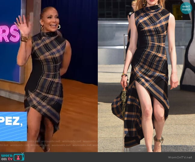 Monse Asymmetric Plaid Crepe Midi Dress