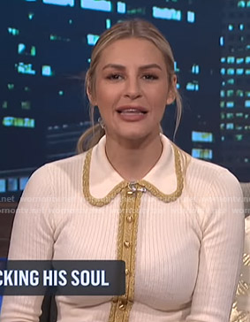 Morgan’s white and gold striped mini dress on E! News Nightly Pop