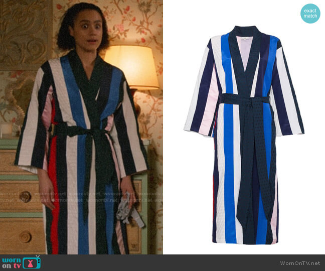 Natasha Zinko Striped Midi Robe worn by Maya (Nathalie Emmanuel) on Four Weddings and a Funeral