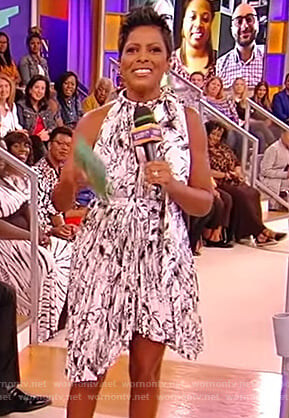Tamron’s asymmetric pleated dress on the Tamron Hall Show