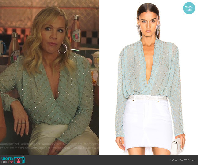 Raisa & Vanessa Embellished Wrap Bodysuit worn by Jennie Garth (Jennie Garth) on BH90210