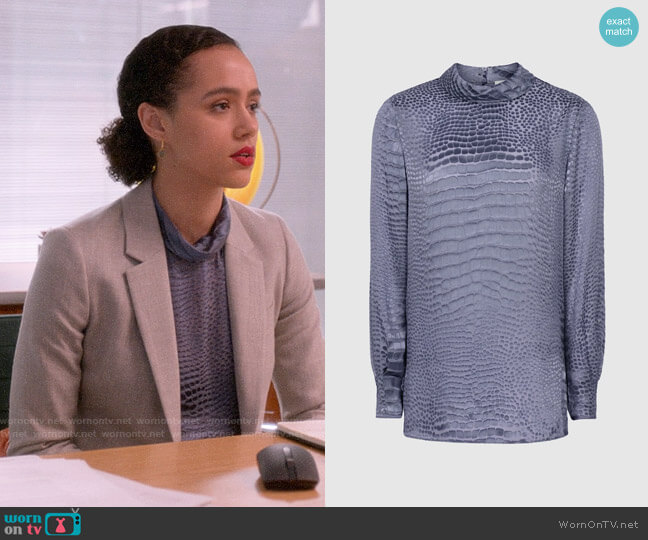 Reiss Della Top in Steel worn by Maya (Nathalie Emmanuel) on Four Weddings and a Funeral